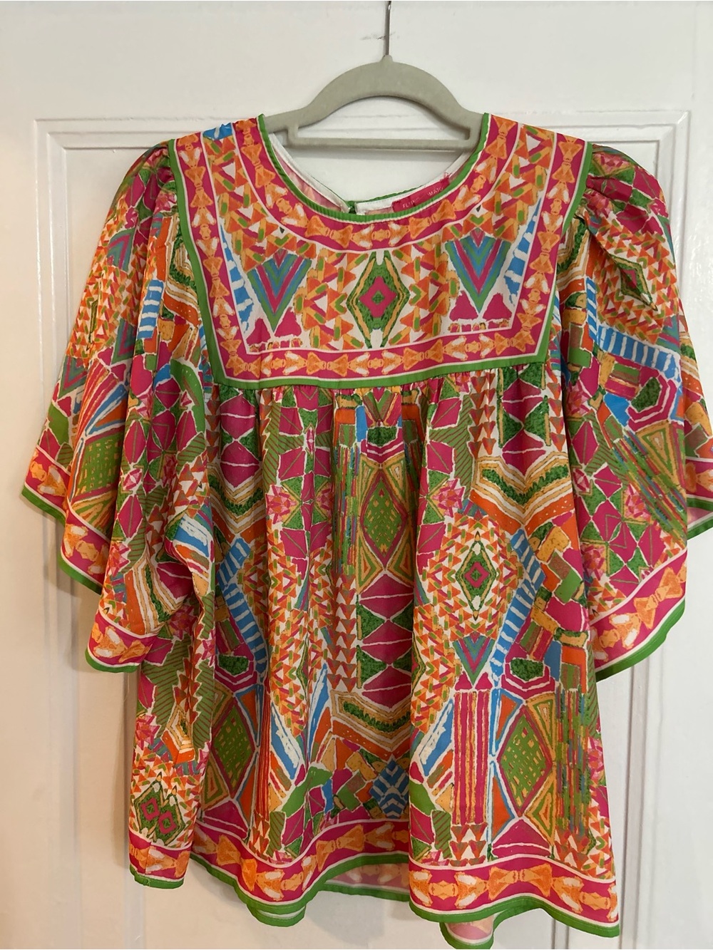 Flying Tomato Bright Multi-Geo Peasant Tunic in Pink, Green & Orange